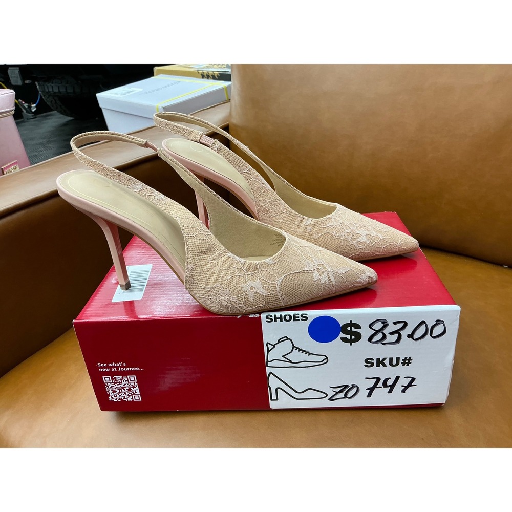 Journee Elenney Slingback Pumps Womens 9.5 Blush Pink Excellent Floral Lace Heel - Picture 7 of 8